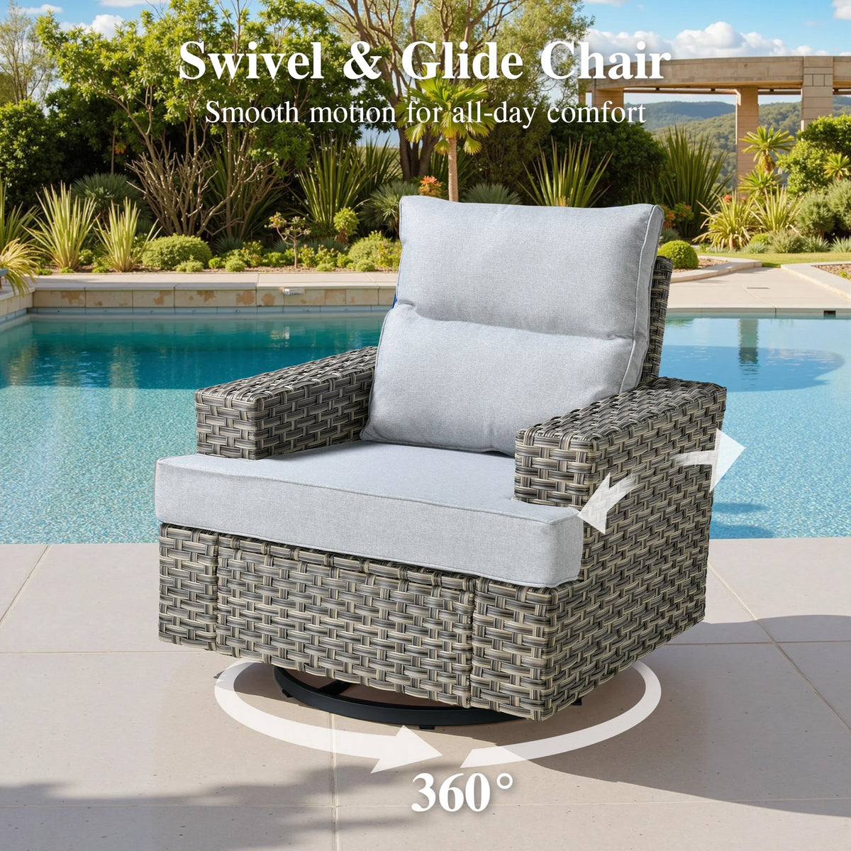 Ovios 10 Pieces Outdoor Patio Furniture Modern High - Back All - Weather Wicker Sectional Conversation Set with Propane Fire Pit Table & Swivel Chair, Dark Gray