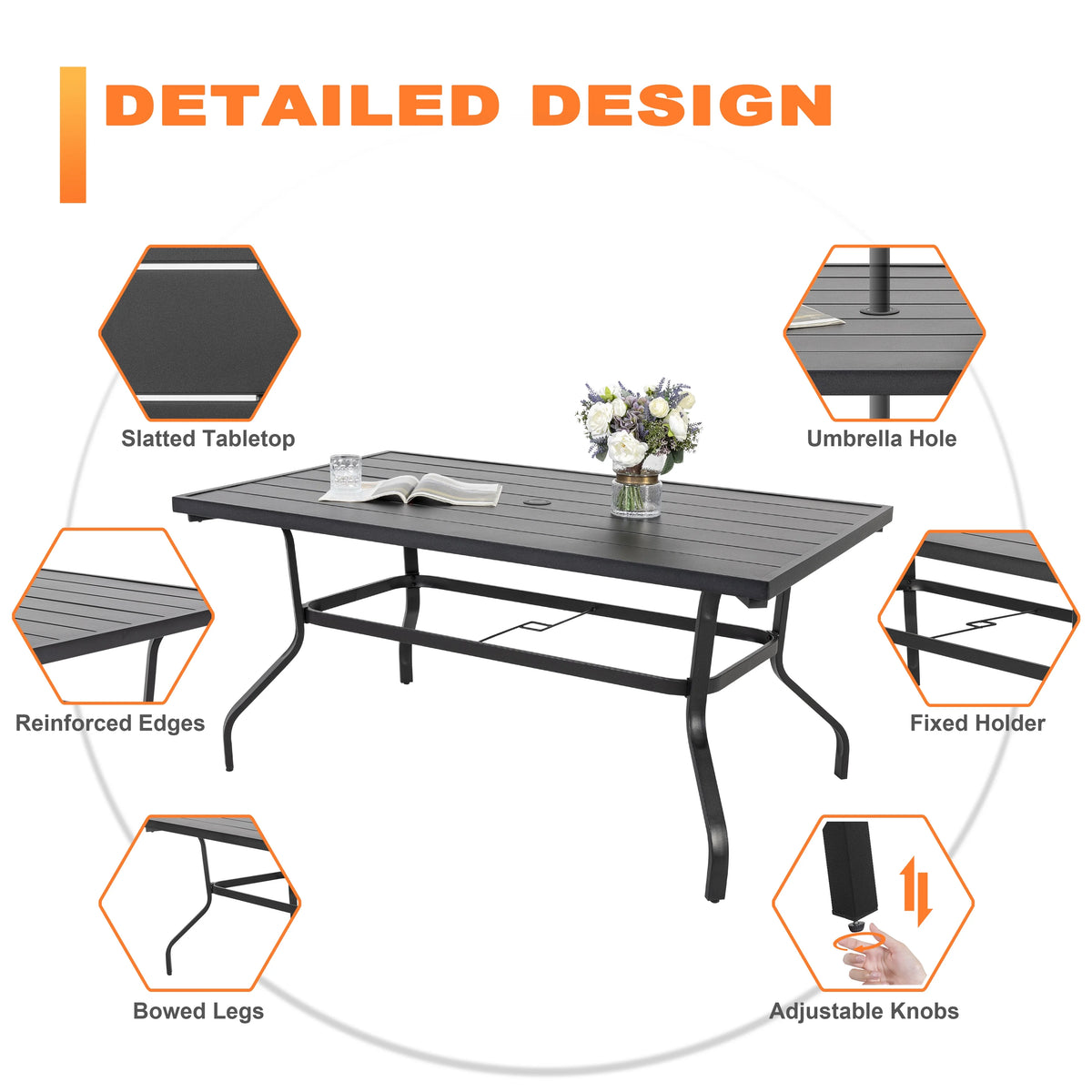 Nuu Garden 5 Piece Outdoor Patio Dining Set, Metal Patio Furniture Set 4 Textilene Swivel Chairs and 37" Square Iron Umbrella Dining Table, Black and Brown
