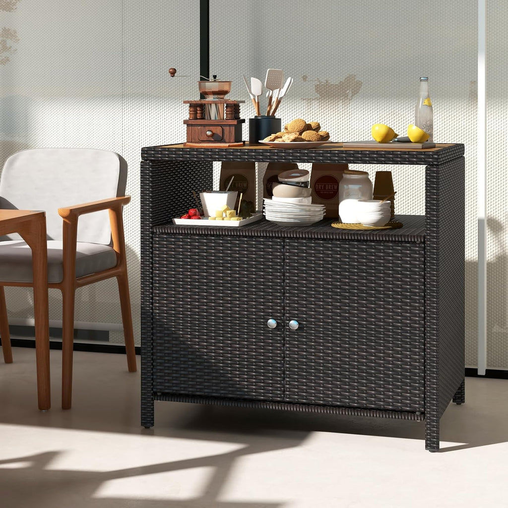Outdoor Rattan Storage Cabinet with Acacia Wood Top, Mixed Brown