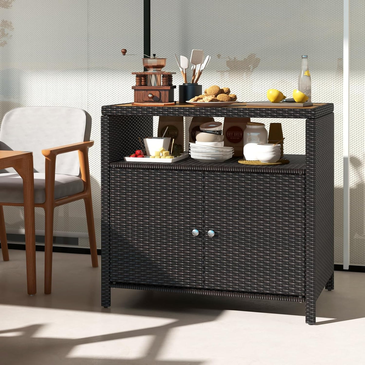 Outdoor Rattan Storage Cabinet with Acacia Wood Top, Mixed Brown