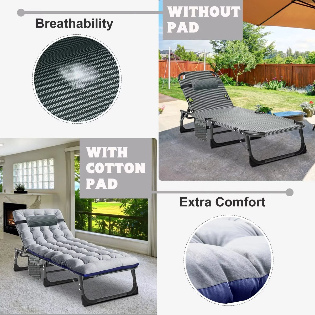 MOPHOTO Lounge Chair with Mattress, Outdoor Chaise Lounge Support 440 lb, Adjustable Portable Heavy Duty Sleeping Cots Bed for Camping, Pool, Beach, Patio