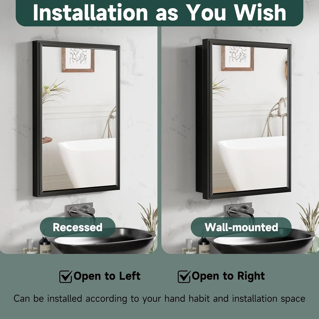 Mirrored Bathroom Medicine Cabinet for Wall or Recessed Mounting