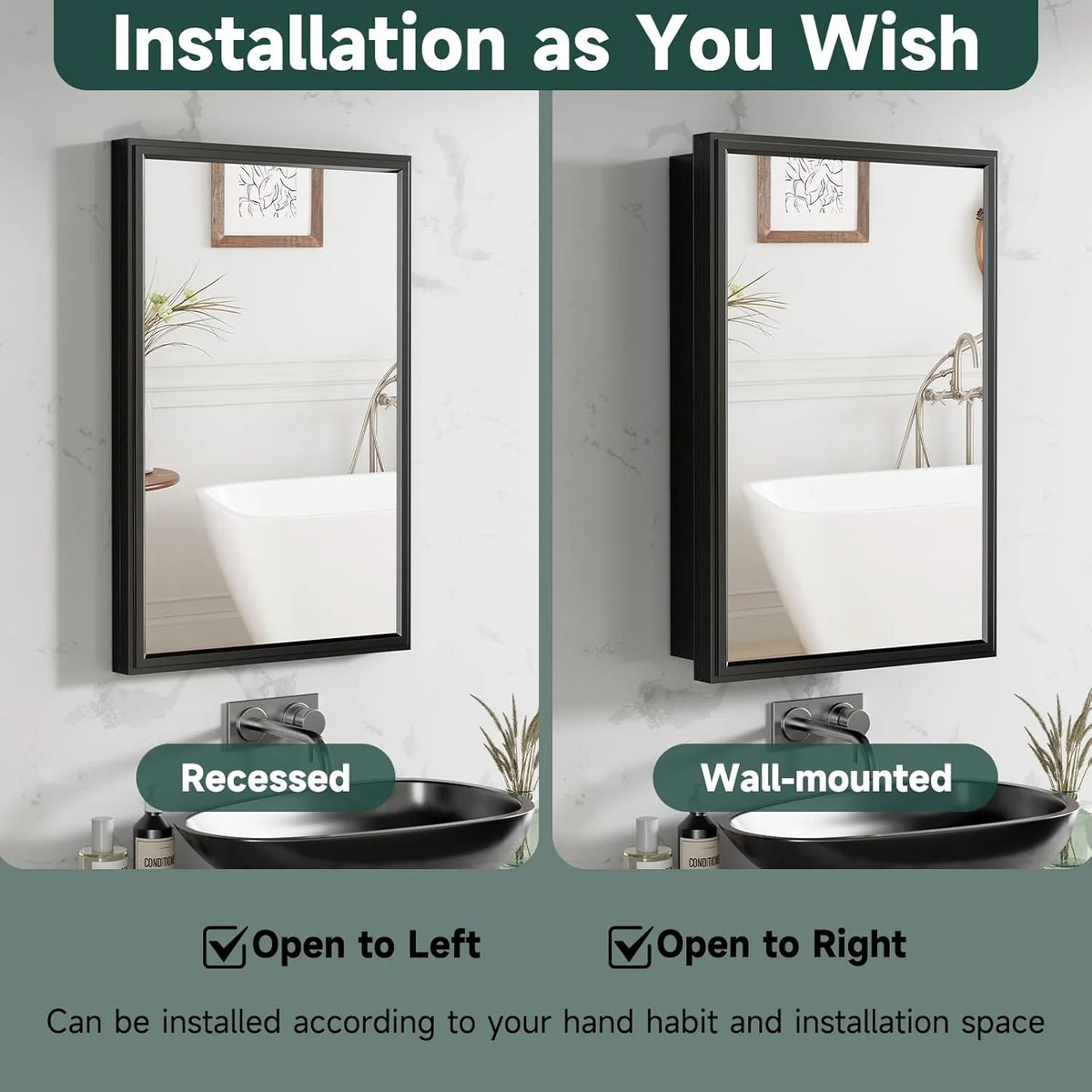 Mirrored Bathroom Medicine Cabinet for Wall or Recessed Mounting