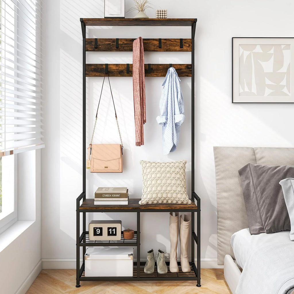 Tangkula Coat Rack Shoe Bench, 3-in-1 Industrial Hall Tree w/Storage Bench & 9 Hanging Hooks, 3-Tier Wood Look Entryway Bench w/Metal Frame