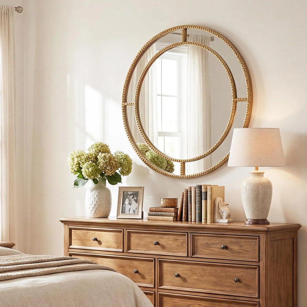 Tangkula 28" Gold Round Wall Mirror | Circle Decorative Modern with Beaded Frame for Living Room