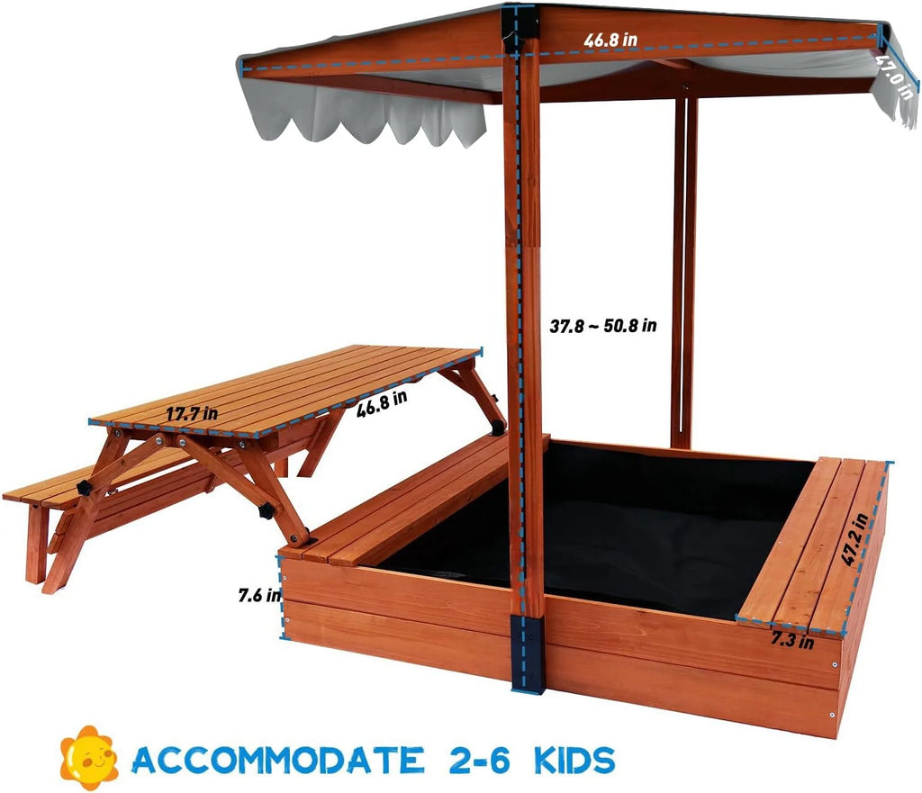 Wooden Sandbox with Convertible Picnic Table and Lid