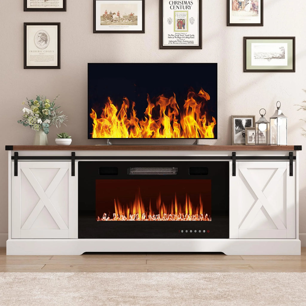 Chvans Farmhouse Barn Door TV Stand for up to 65" Tvs & 23" Electric Fireplace, Entertainment Center Console Table with Adjustable Shevles