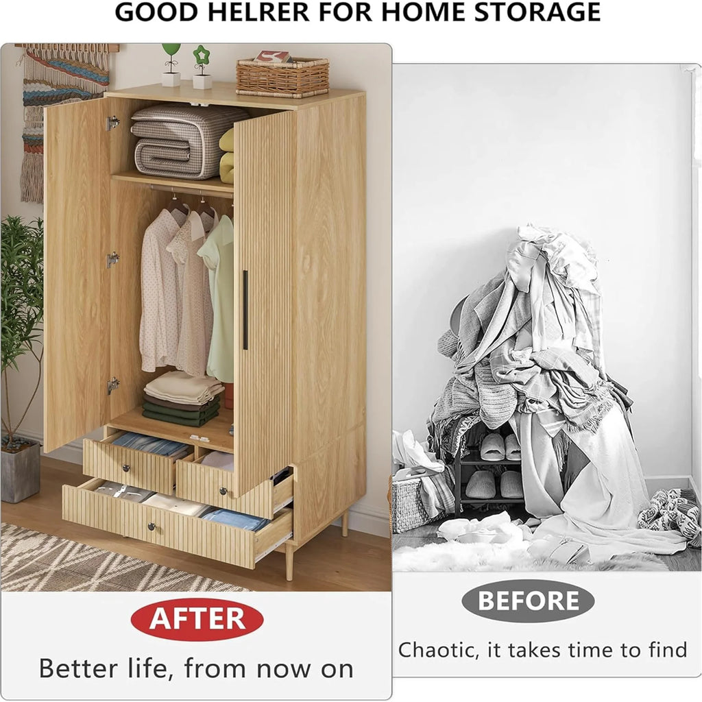 Oubayajia Wardrobe Armoire Closet, 2 Fluted Doors Wardrobe Cabinet with 3 - Drawer and Hanging Rod, Wood Wardrobe Storage for Bedroom