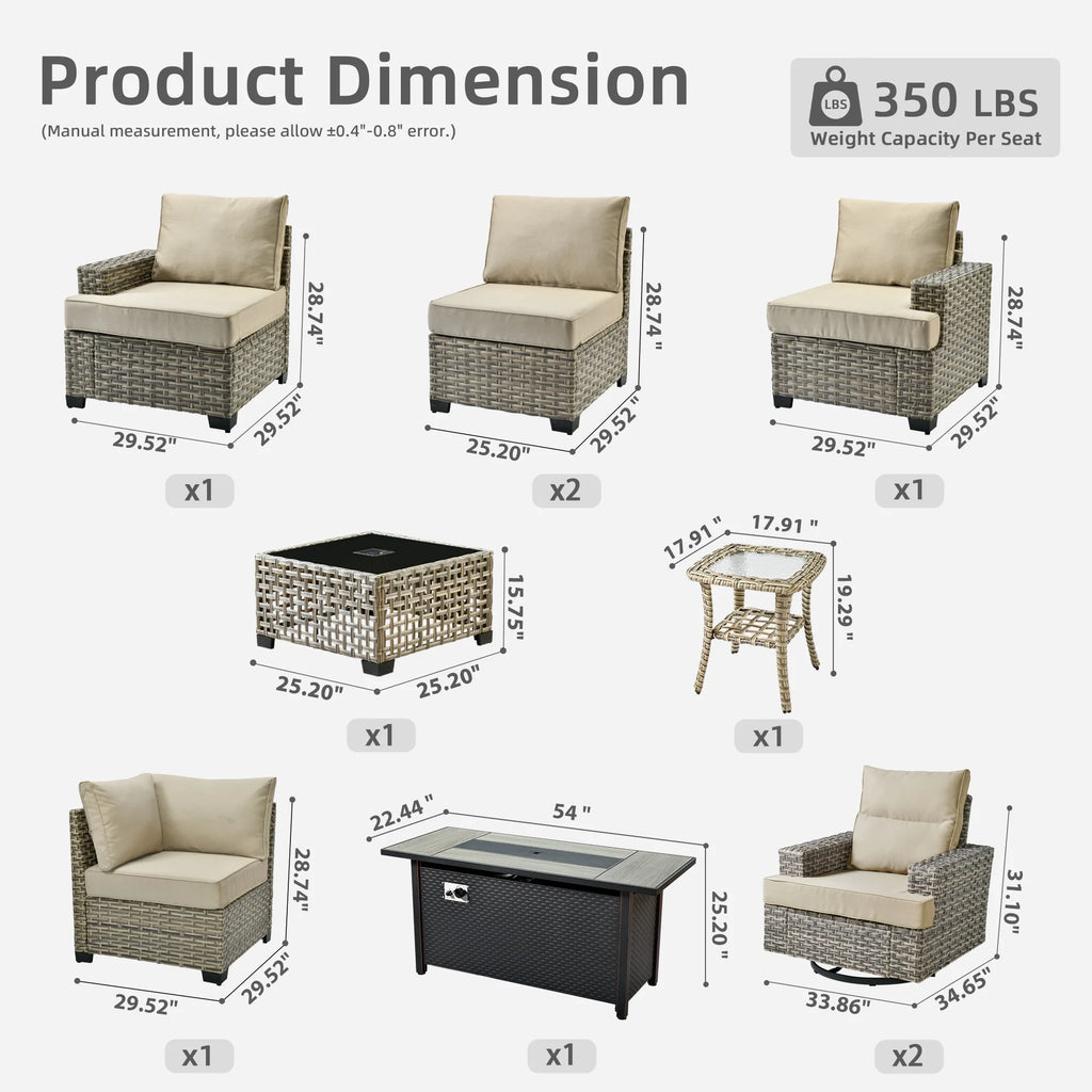 Ovios 10 Pieces Outdoor Patio Furniture Modern High - Back All - Weather Wicker Sectional Conversation Set with Propane Fire Pit Table & Swivel Chair, Dark Gray