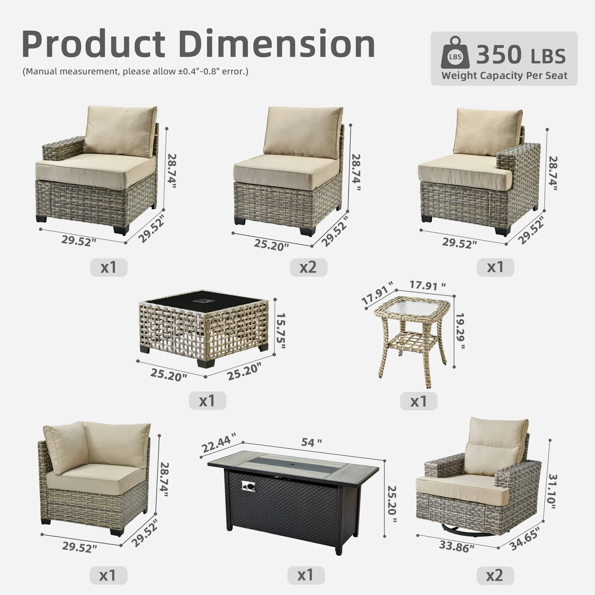 Ovios 10 Pieces Outdoor Patio Furniture Modern High - Back All - Weather Wicker Sectional Conversation Set with Propane Fire Pit Table & Swivel Chair, Dark Gray
