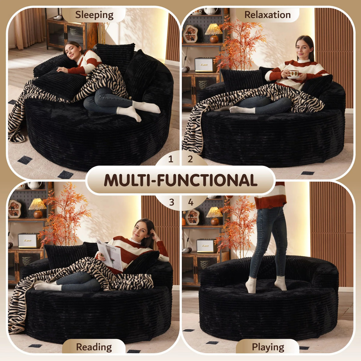 Ovios 58'' Oversized Chaise Lounge Indoor Chair Modern Cloud Floor Sofa Bed Comfy Upholstered Sleeper Couch Deep Seat Accent Reading Chair for Living Room, Bedroom, No Assembly, Black(Plush Corduroy)