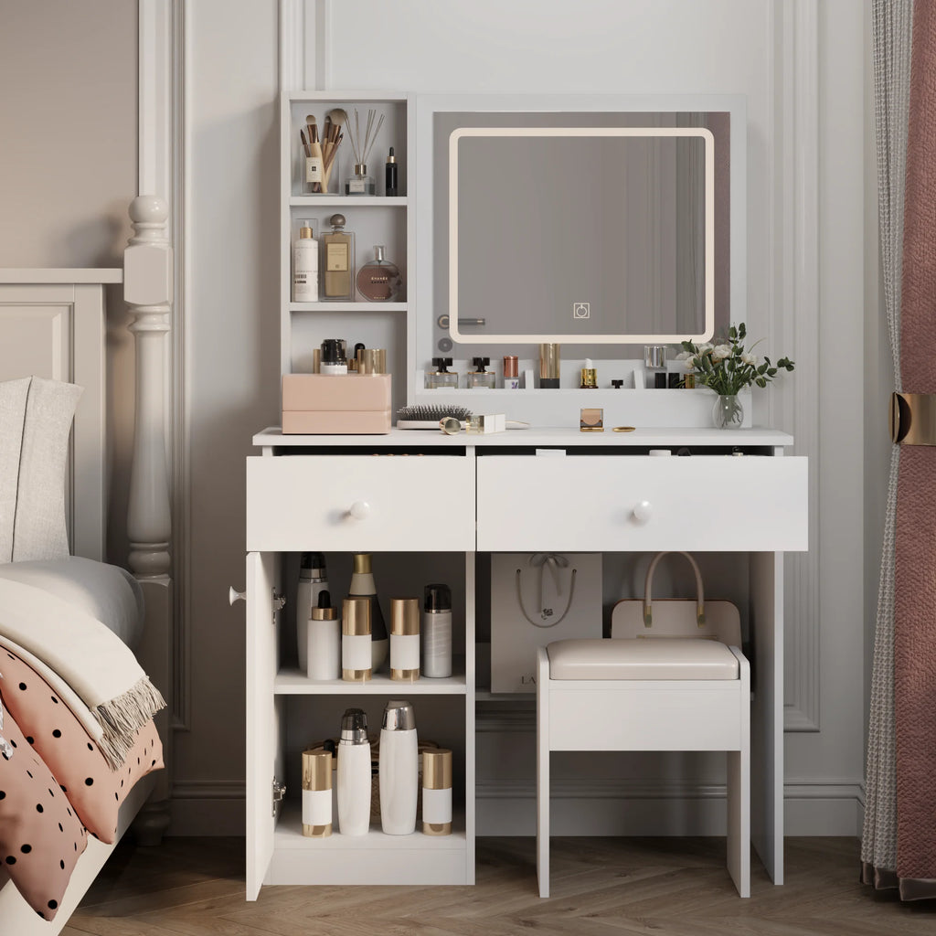Montary Modern Mini Vanity W/Adjustable LED Mirror + Hidden Storage, Padded Stool & Dustproof Shelves (White)