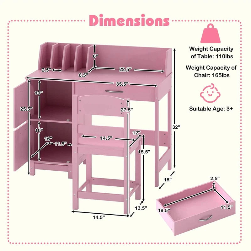 Wooden Kids Desk and Chair Set with Hutch, Storage Drawer & Cabinet, Children School Study Table Writing Computer Workstation for Ages 3-8