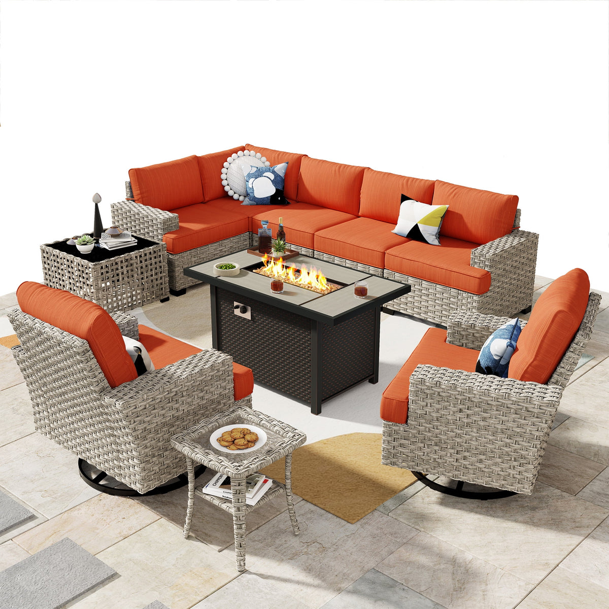 Ovios 10 Pieces Outdoor Patio Furniture Modern High - Back All - Weather Wicker Sectional Conversation Set with Propane Fire Pit Table & Swivel Chair, Dark Gray