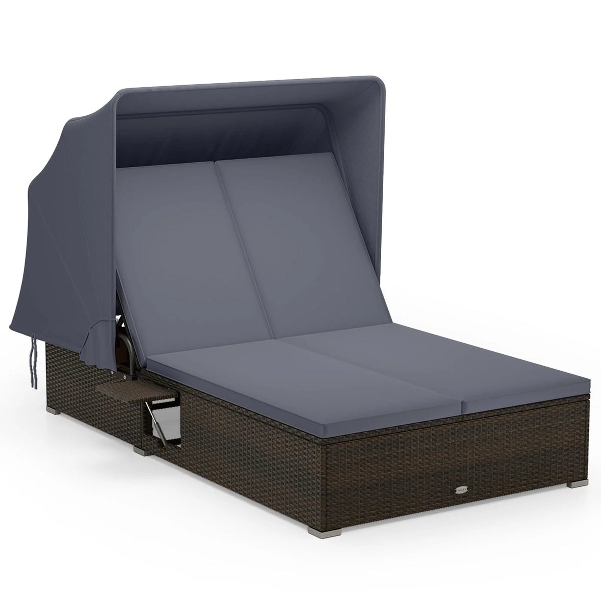 Tangkula Outdoor Rattan Daybed with Canopy & 6-Level Adjustable Backrests