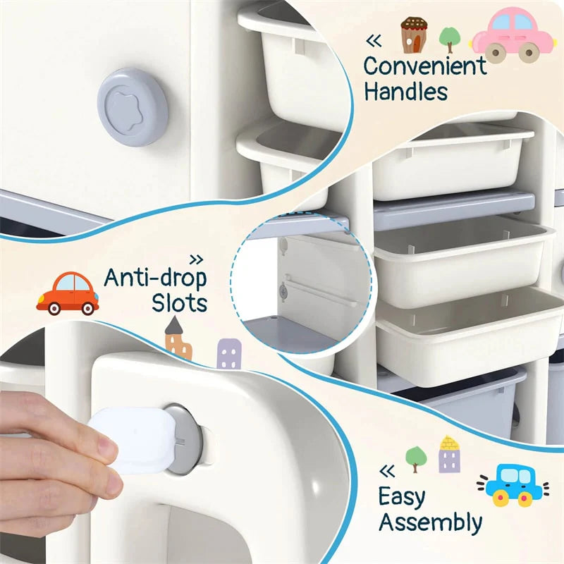 Truck-Shaped Kids Toy Storage Organizer with 11 Removable Bins, 2 Cabinets & Top Shelf, Toddler Bookshelf for Playroom & Kids Room