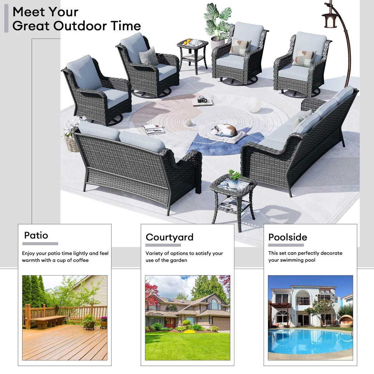 Ovios 8 - Piece Wicker Outdoor Sectional Patio Set with Swivel Chairs and Loveseat, Gray
