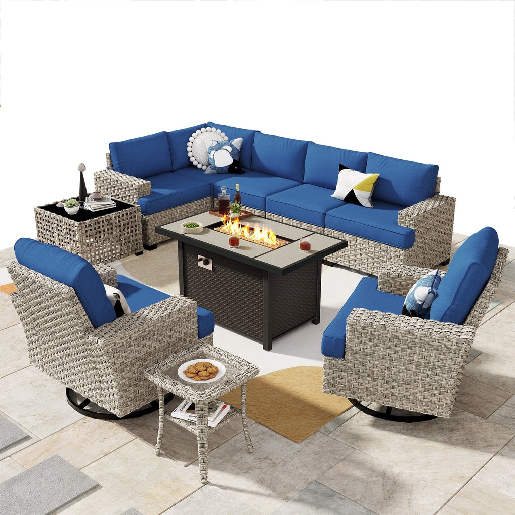 Ovios 10 Pieces Outdoor Patio Furniture Modern High - Back All - Weather Wicker Sectional Conversation Set with Propane Fire Pit Table & Swivel Chair, Dark Gray