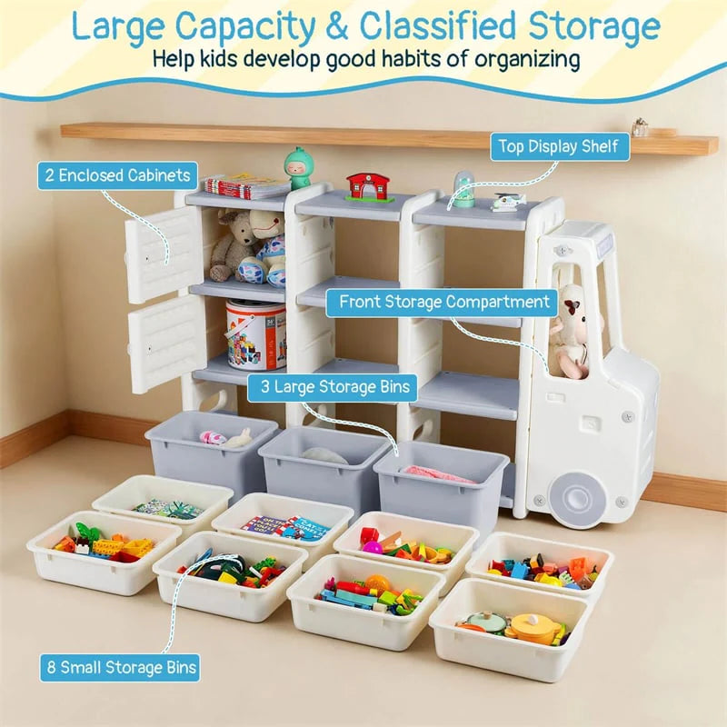 Truck-Shaped Kids Toy Storage Organizer with 11 Removable Bins, 2 Cabinets & Top Shelf, Toddler Bookshelf for Playroom & Kids Room