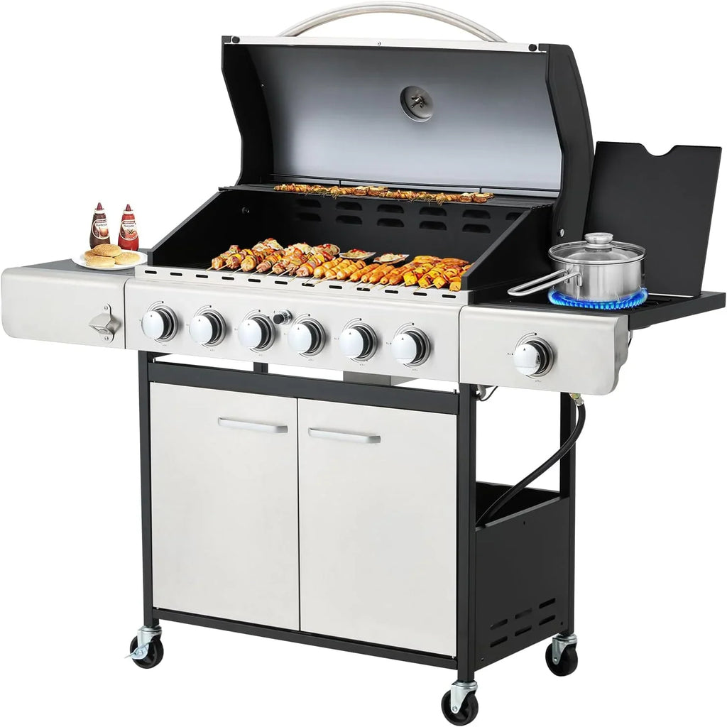 Upgraded 4 Burner Bbq Propane Gas Grill with Cast Iron Grates & Side Stove, 44,000 btu Stainless Steel Burner Barbecue Grill for Patio,…
