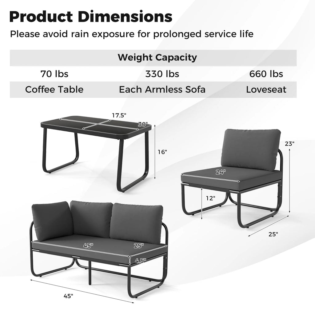 Tangkula 4 Pieces Patio Furniture Set with Cushions and Tempered Glass Coffee Table