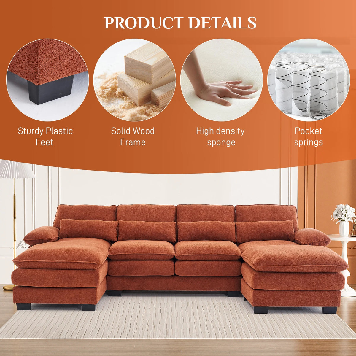 Rophefx 114.3" U Shaped Sectional Couches for Living Room, Cloud Couch, 4 Seats Chenille Couch with Double Layer Cushion, Orange
