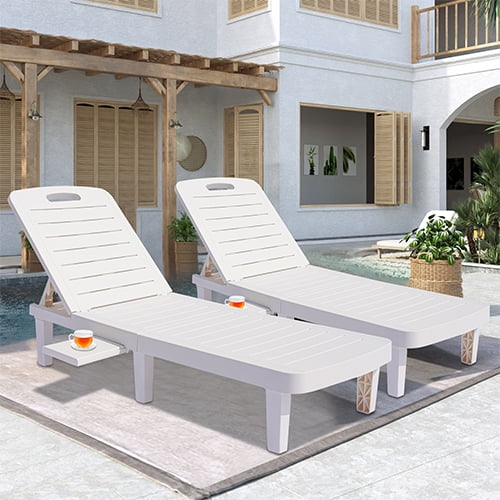 Patio Lounge Chair Set of 2, Adjustable Chaise with Side Table, Outdoor Lounger Recliner for Poolside, Patio, Backyard, Wood Texture Design | Waterproof | Easy to Assemble | Max Weight 330 lb White
