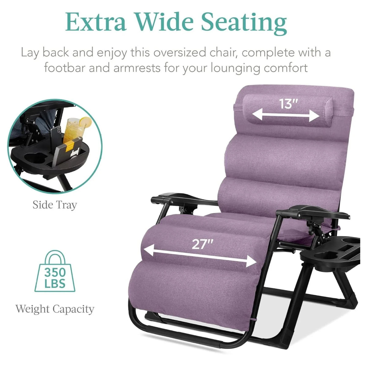 Oversized Chair, Folding Outdoor Patio Recliner, XL Anti Gravity Lounger W/Removable Cushion, Cup Holder, Side Tray, 350 lb Capacity - Taupe