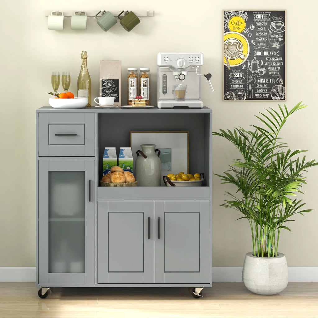 Topbuy Rolling Kitchen Island with Wheels Kitchen Cart?with Drawer and Glass Door Cabinet