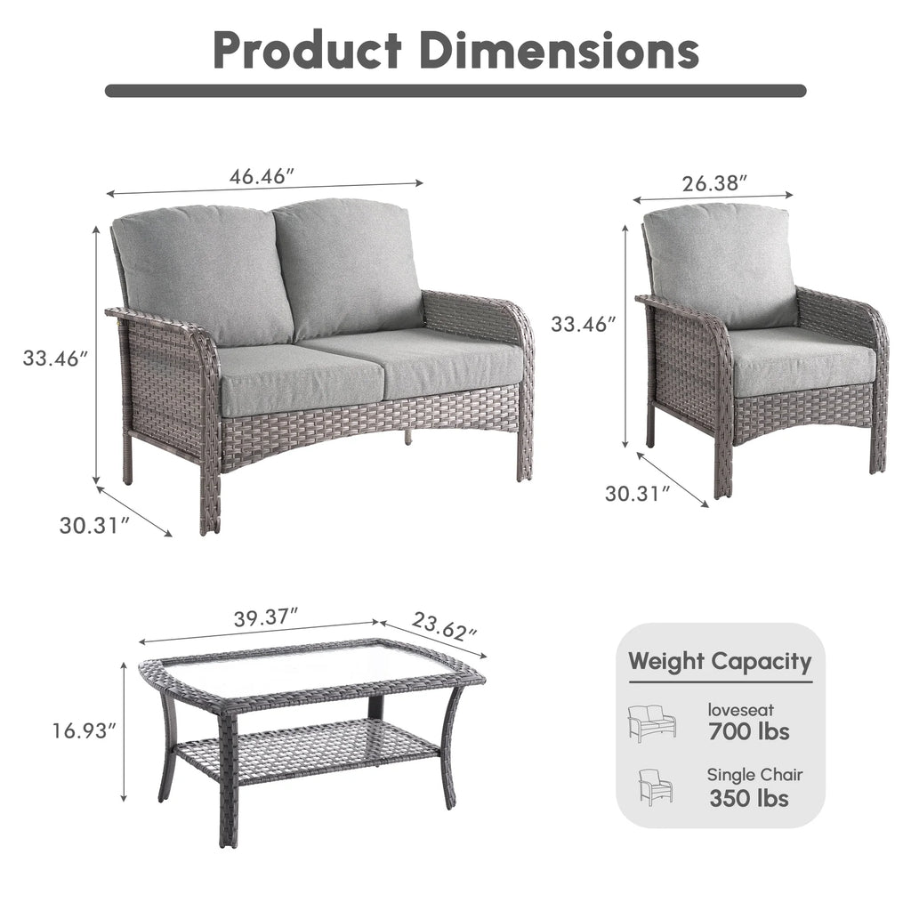 Ovios 4 Pieces Wicker Outdoor Patio Furniture with Coffee Table High Back All-Weather Rattan Outdoor Sectional Conversation Set for Backyard Porch Garden, Denim Blue
