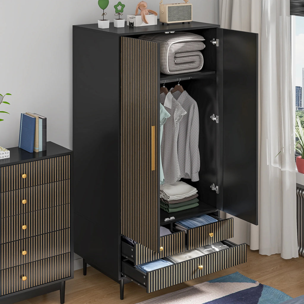 Oubayajia Wardrobe Armoire Closet, 2 Fluted Doors Wardrobe Cabinet with 3 - Drawer and Hanging Rod, Wood Wardrobe Storage for Bedroom