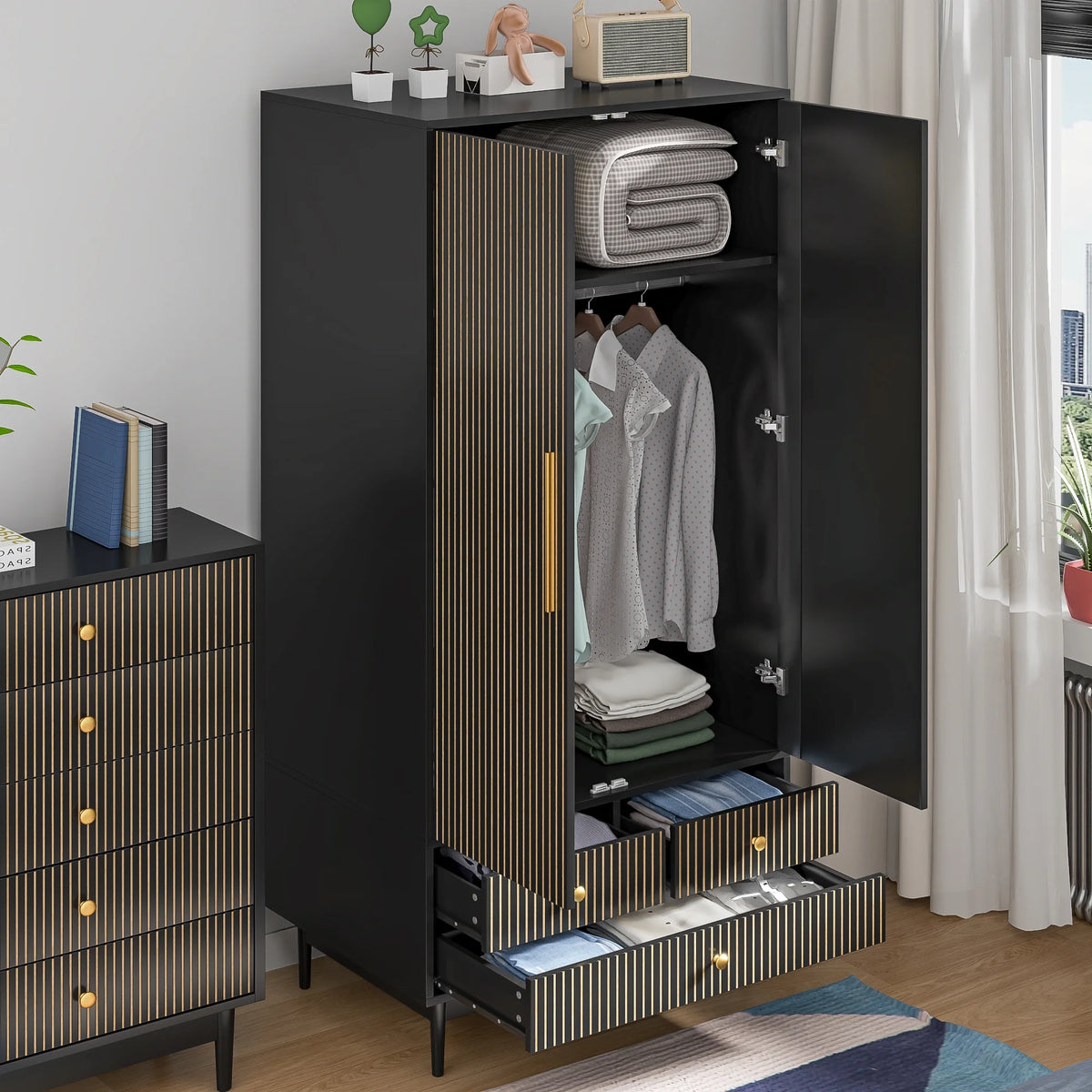 Oubayajia Wardrobe Armoire Closet, 2 Fluted Doors Wardrobe Cabinet with 3 - Drawer and Hanging Rod, Wood Wardrobe Storage for Bedroom