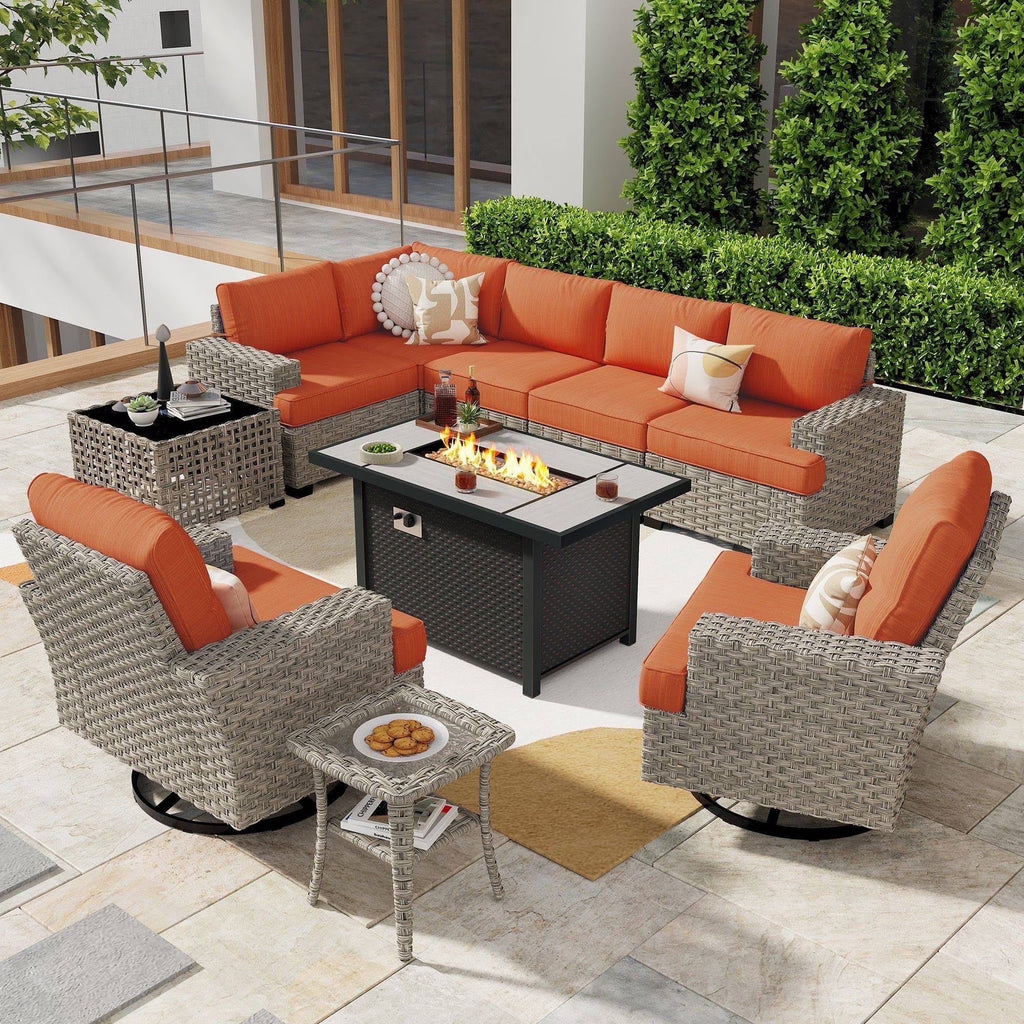 Ovios 10 Pieces Outdoor Patio Furniture Modern High - Back All - Weather Wicker Sectional Conversation Set with Propane Fire Pit Table & Swivel Chair, Dark Gray