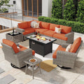 Ovios 10 Pieces Outdoor Patio Furniture Modern High - Back All - Weather Wicker Sectional Conversation Set with Propane Fire Pit Table & Swivel Chair, Dark Gray