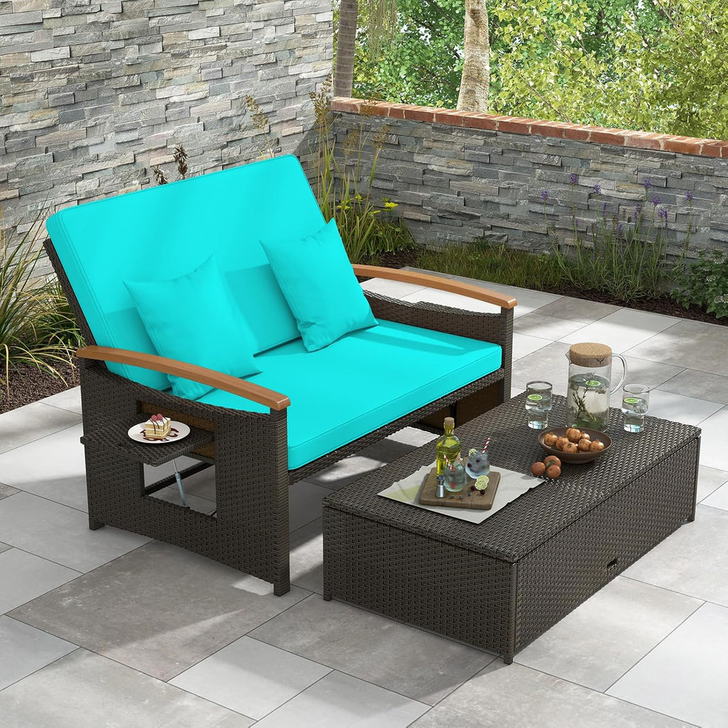 Outdoor Wicker Sofa Daybed with Adjustable Backrest and Storage Ottoman