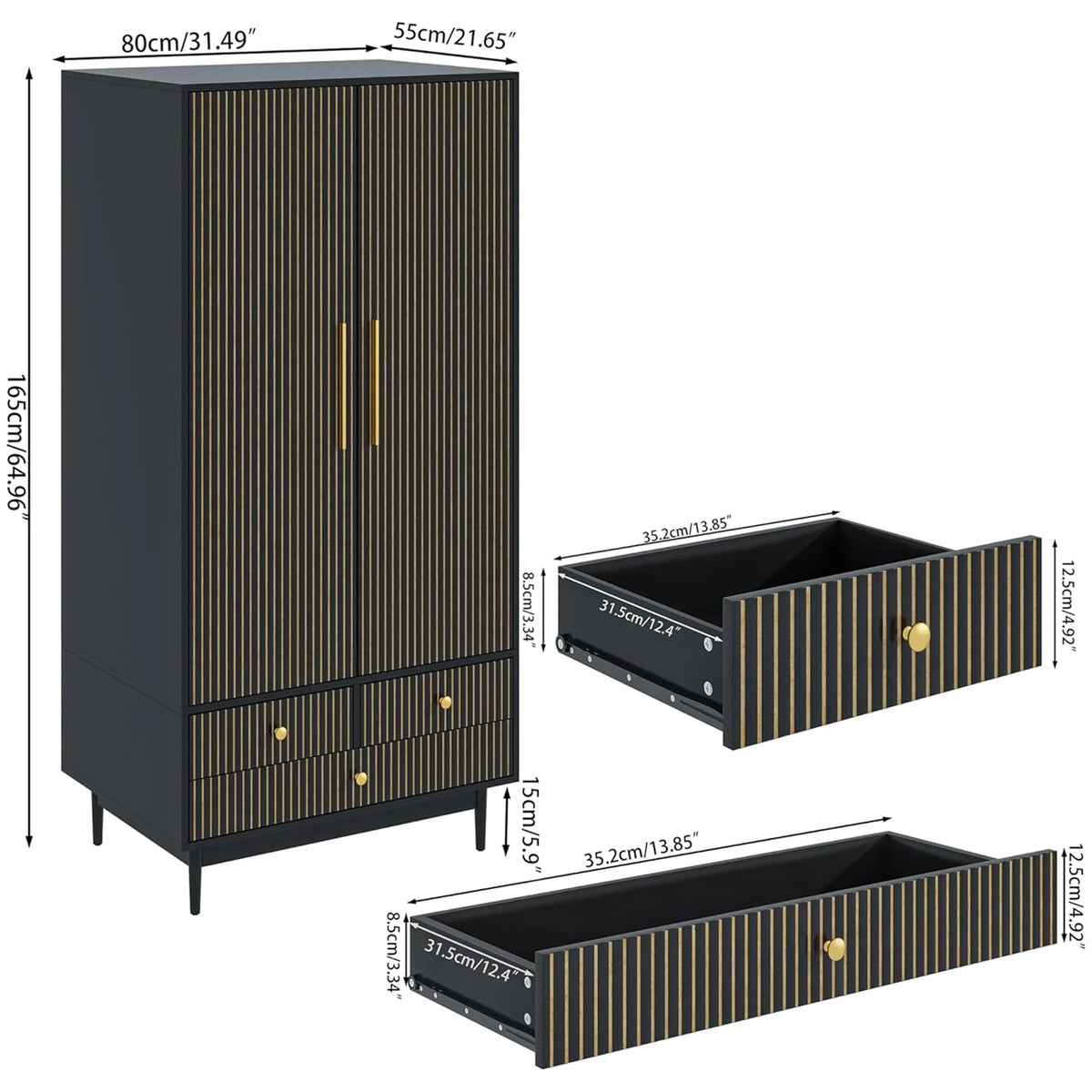 Oubayajia Wardrobe Armoire Closet, 2 Fluted Doors Wardrobe Cabinet with 3 - Drawer and Hanging Rod, Wood Wardrobe Storage for Bedroom