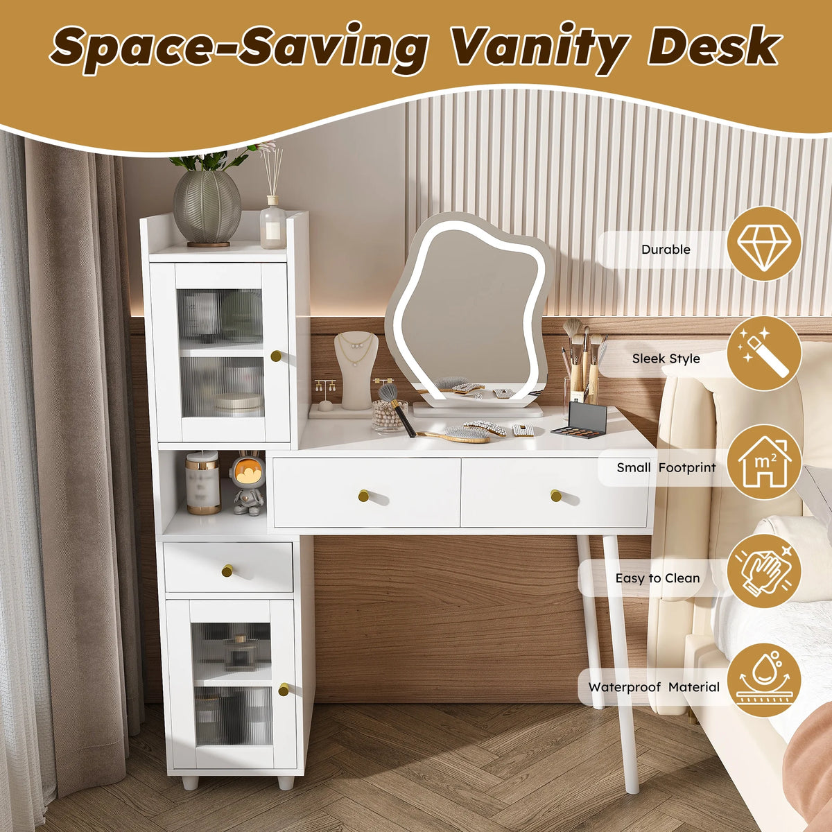 Montary Modern Mini Vanity W/Adjustable LED Mirror + Hidden Storage, Padded Stool & Dustproof Shelves (White)