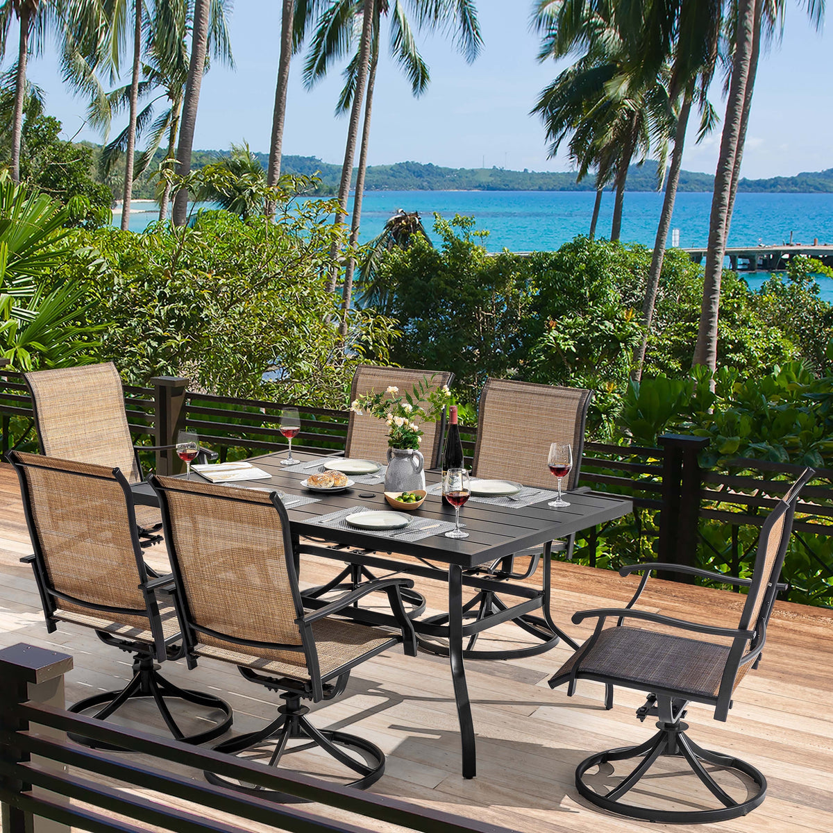 Nuu Garden 5 Piece Outdoor Patio Dining Set, Metal Patio Furniture Set 4 Textilene Swivel Chairs and 37" Square Iron Umbrella Dining Table, Black and Brown