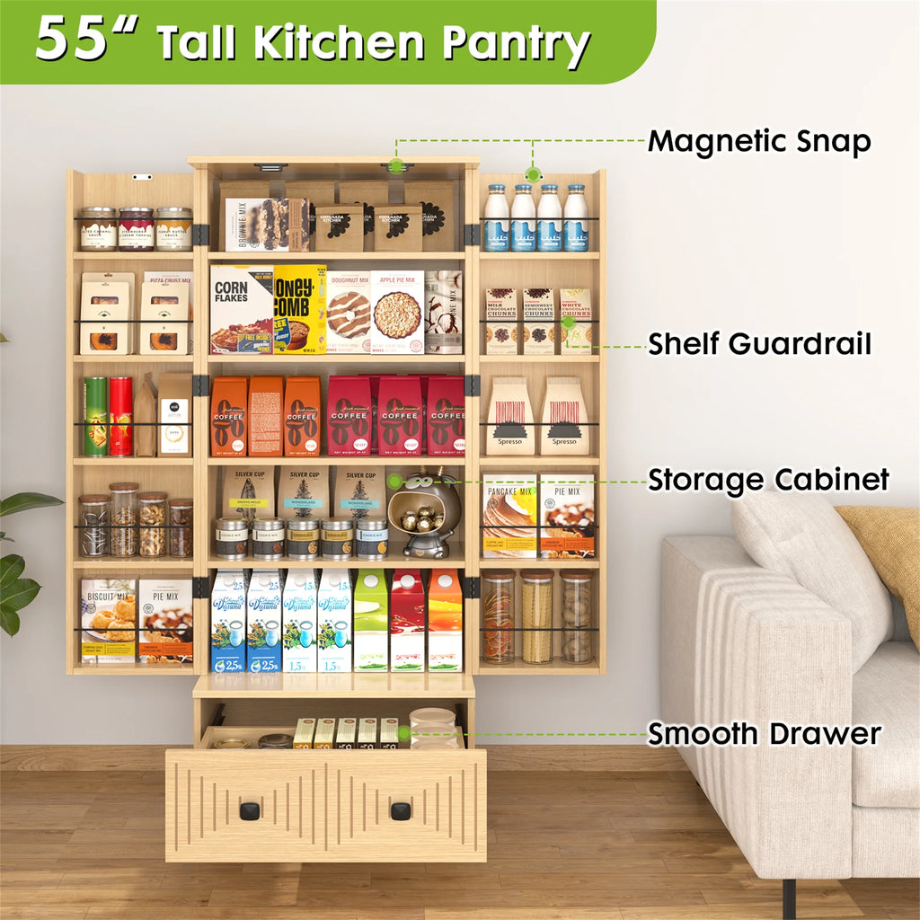 Planntonneo 71'' Tall Kitchen Pantry Storage Hutch Cabinet with Doors and Shelves, Grey Oak