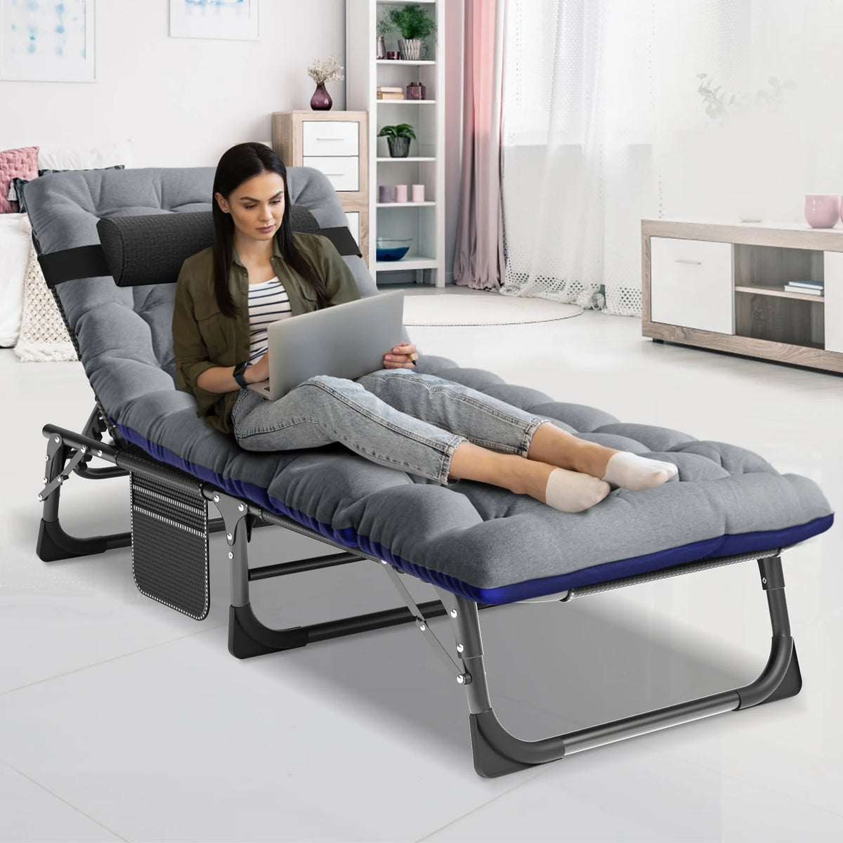 MOPHOTO Lounge Chair with Mattress, Outdoor Chaise Lounge Support 440 lb, Adjustable Portable Heavy Duty Sleeping Cots Bed for Camping, Pool, Beach, Patio