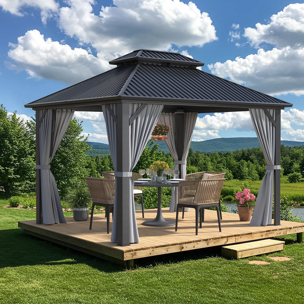 MUCHANT 10'X12' Hardtop Gazebo with Aluminum Frame, Permanent Outdoor Pavilion Metal Gazebo with Galvanized Steel Double Roof & Mosquito Netting and Curtains for Patios, Gardens, Lawns, Gray