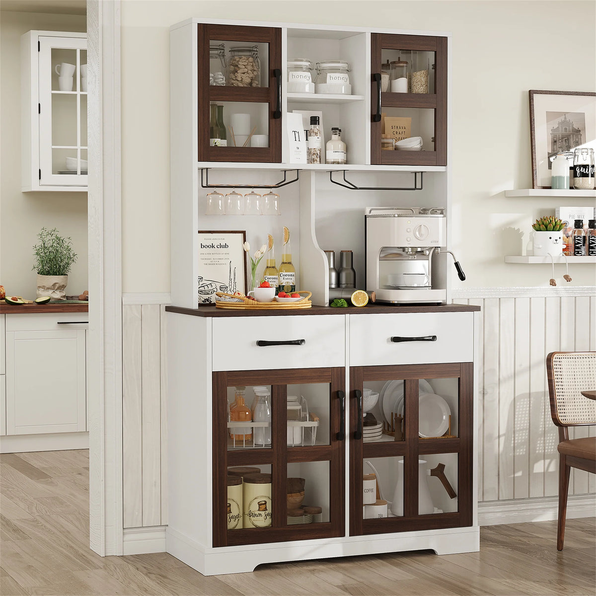 Planntonneo 71'' Tall Kitchen Pantry Storage Hutch Cabinet with Doors and Shelves, Grey Oak
