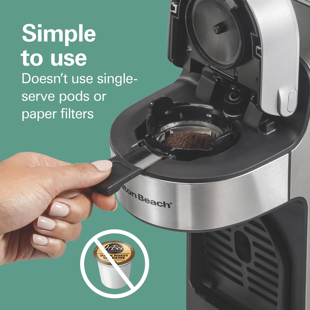 The Scoop Single Serve Coffee Maker & Fast Grounds Brewer for 8 - 14 oz. Cups, Brews in Minutes, 40 oz. Removable Reservoir, Stainless Steel (49987), Silver