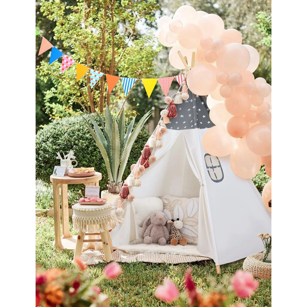 Teepee Tent for Kids Slumber Party - 100% Cotton Foldable Kids Tent Indoor with Light & Flag Play House Outdoor - Toddler Tipi Playroom for Girls Gift Toys - Tee Pee Tents(Stars Design) Grey Teepee