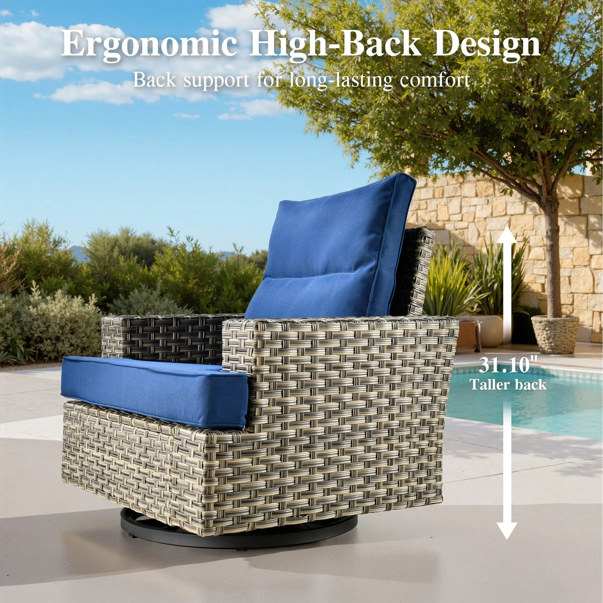 Ovios 10 Pieces Outdoor Patio Furniture Modern High - Back All - Weather Wicker Sectional Conversation Set with Propane Fire Pit Table & Swivel Chair, Dark Gray