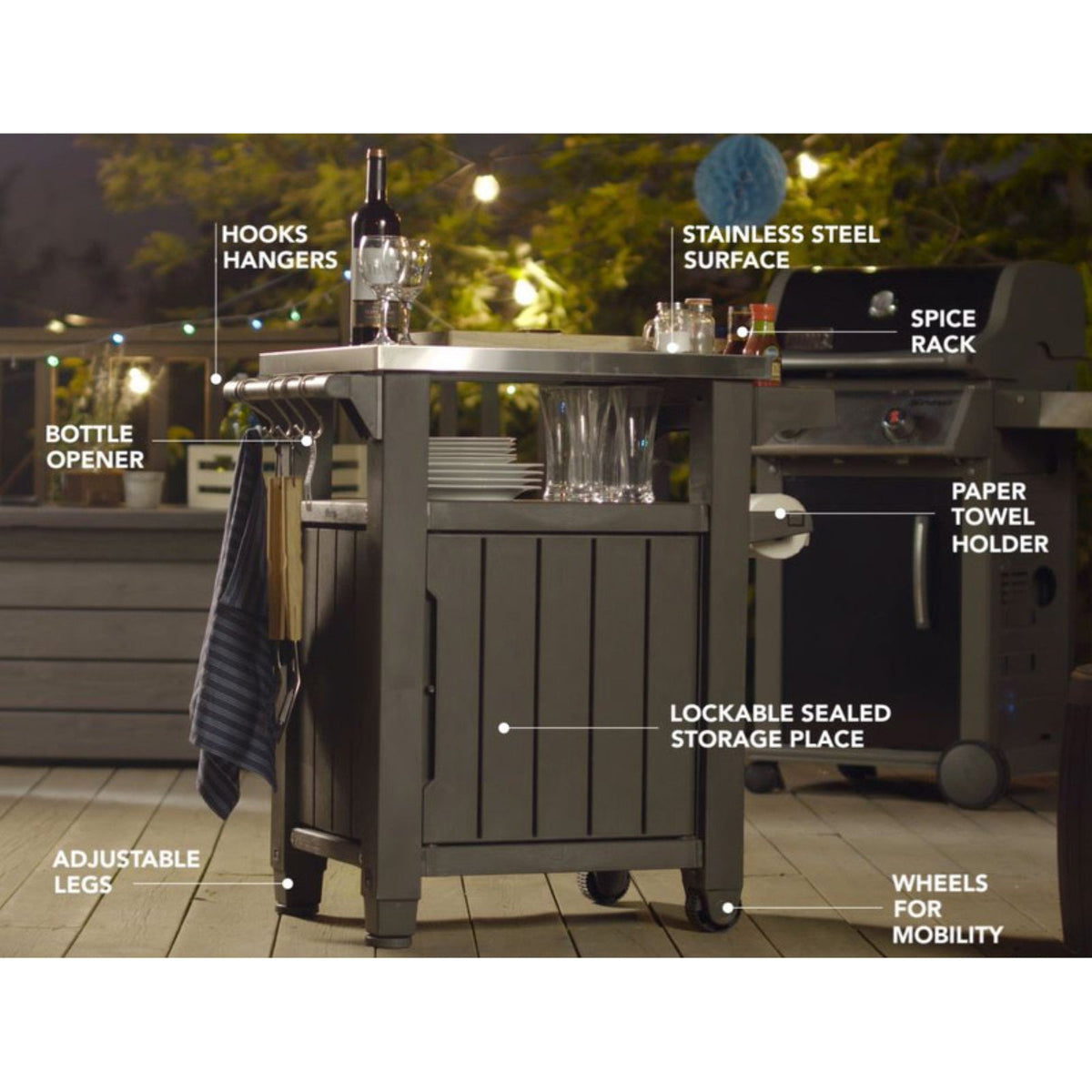 Unity 40 Gal Patio Storage Grilling Bar Cart w/Stainless Steel Top. Brown