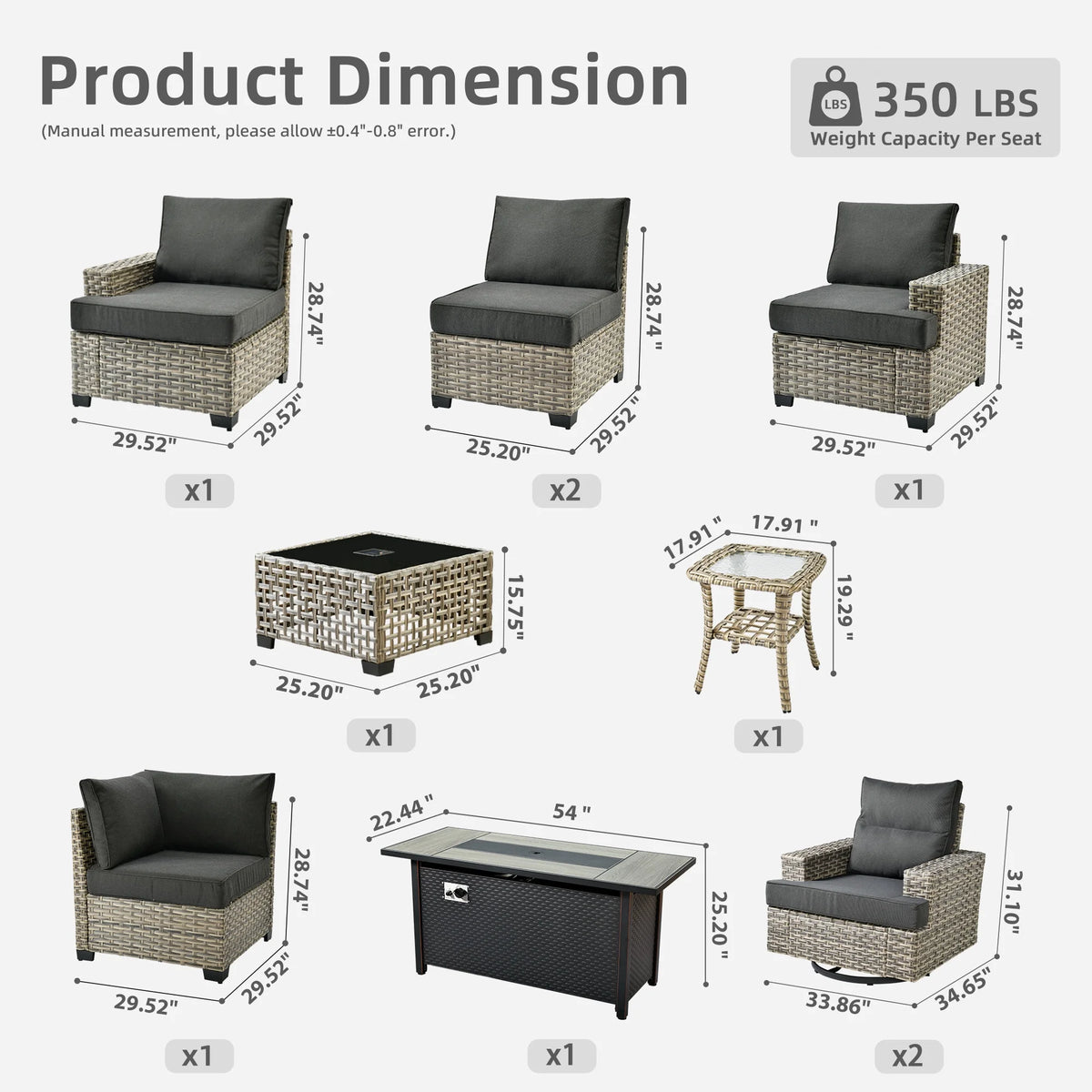 Ovios 10 Pieces Outdoor Patio Furniture Modern High - Back All - Weather Wicker Sectional Conversation Set with Propane Fire Pit Table & Swivel Chair, Dark Gray