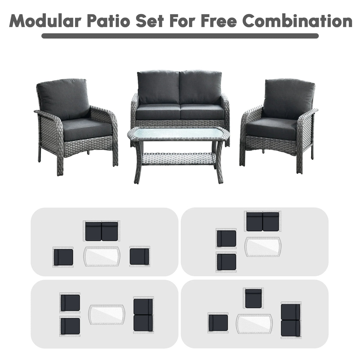 Ovios 4 Pieces Wicker Outdoor Patio Furniture with Coffee Table High Back All-Weather Rattan Outdoor Sectional Conversation Set for Backyard Porch Garden, Denim Blue