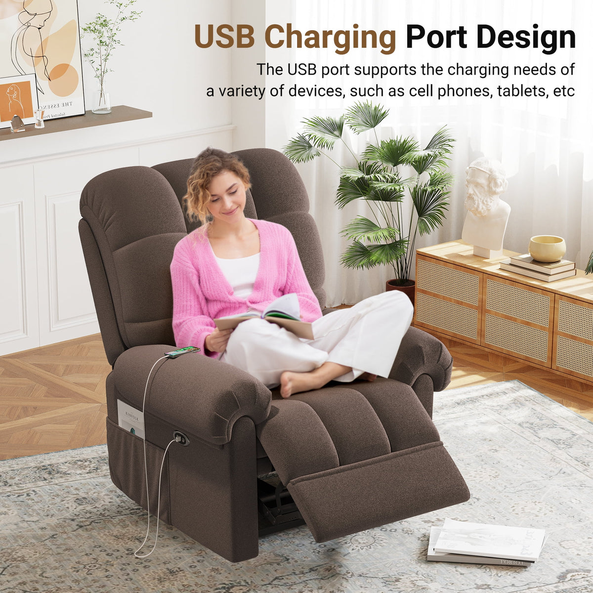 Power Recliner Chair, Electric Recline Sofa Chair for Adults with USB Port, Comfy Teddy Fleece Adjustable Cloud Sofa, Tool - Free Setup, Beige White