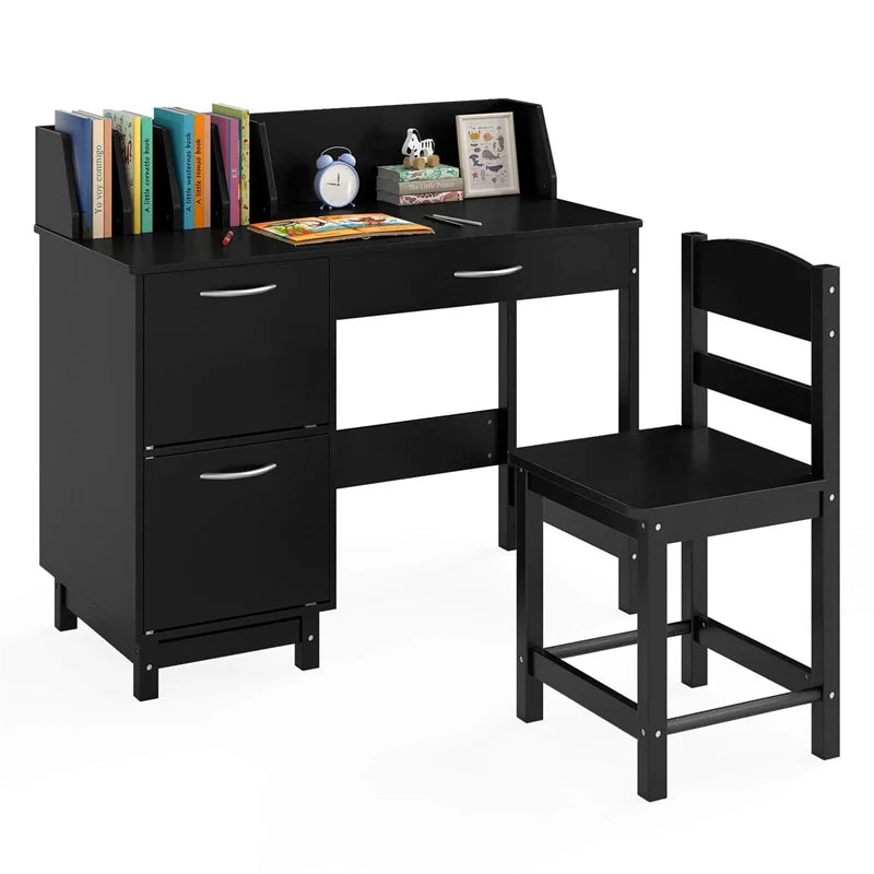 Wooden Kids Desk and Chair Set with Hutch, Storage Drawer & Cabinet, Children School Study Table Writing Computer Workstation for Ages 3-8
